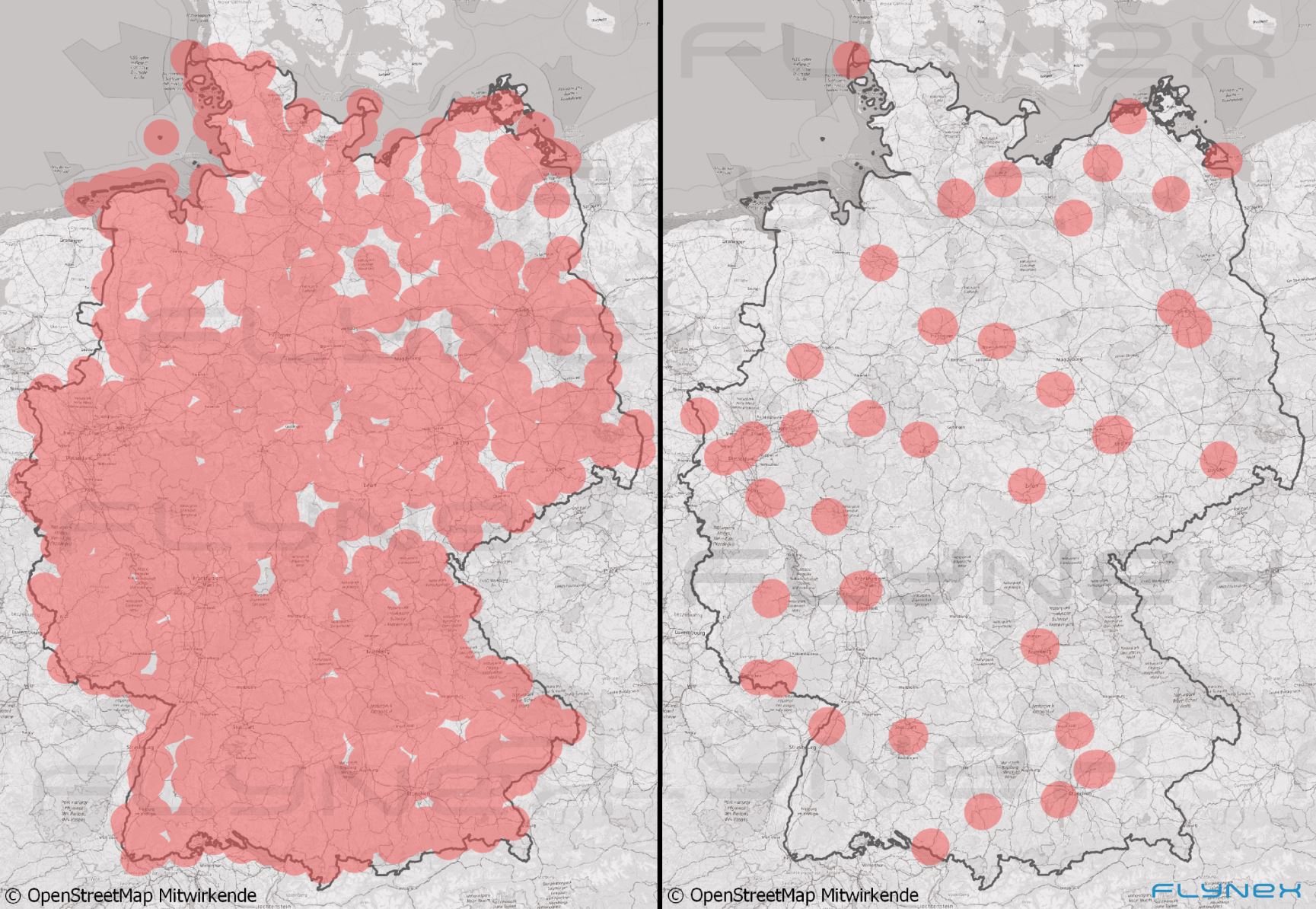 Map of Germany with markers in comparison