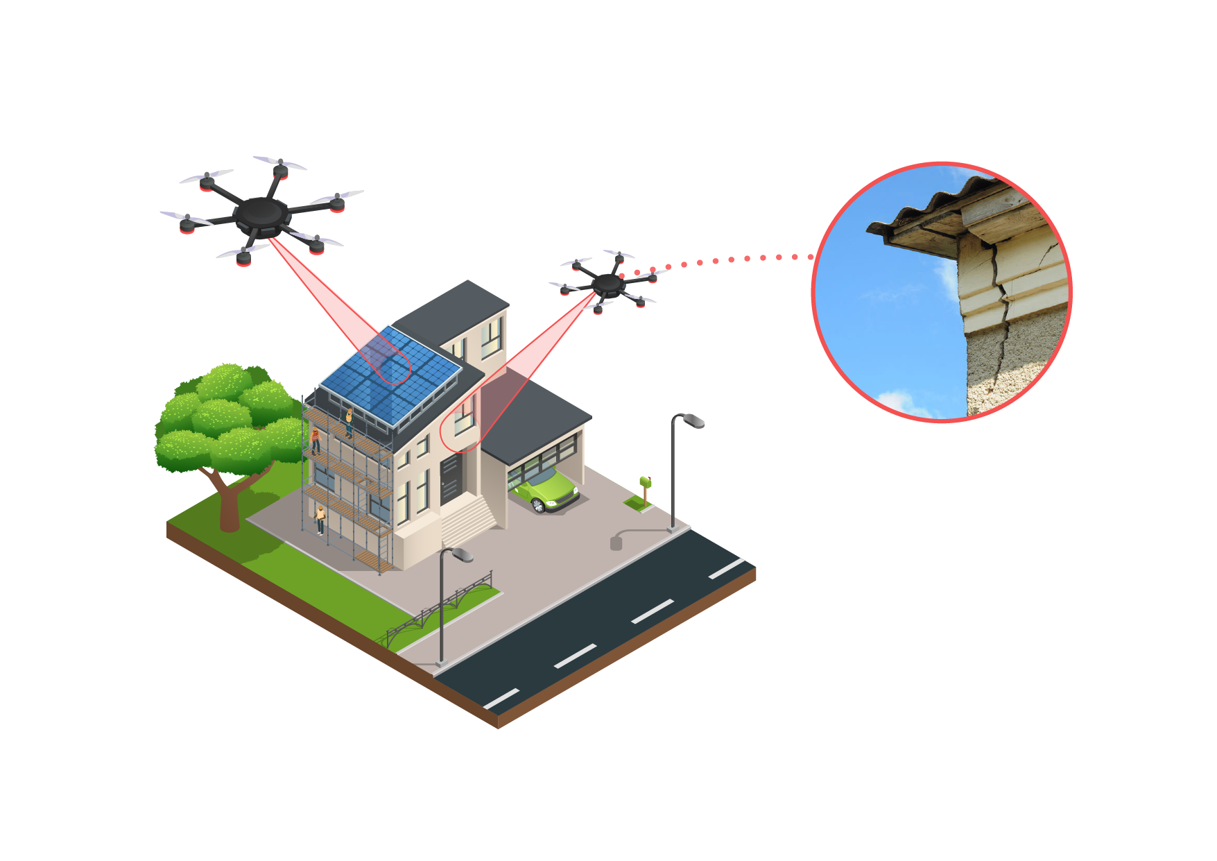 Schaubild Gebäudeinspektion mit Drohne