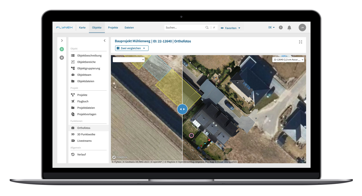 Laptop-Orthofoto-Vergleich-DE FlyNex Software - Baustelle Orthofoto Dokumentation