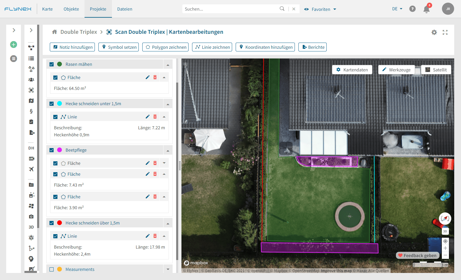 Ein Beispiel aus der FlyNex Plattform - Vermessung von Hecken, Beeten und Rasenflächen.