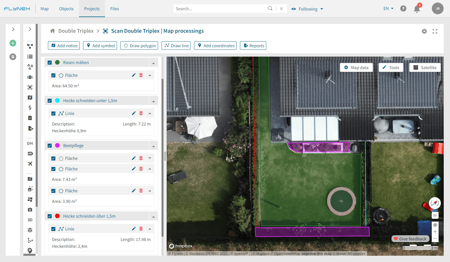 An example from the FlyNex platform - surveying of hedges, beds, and lawn areas.