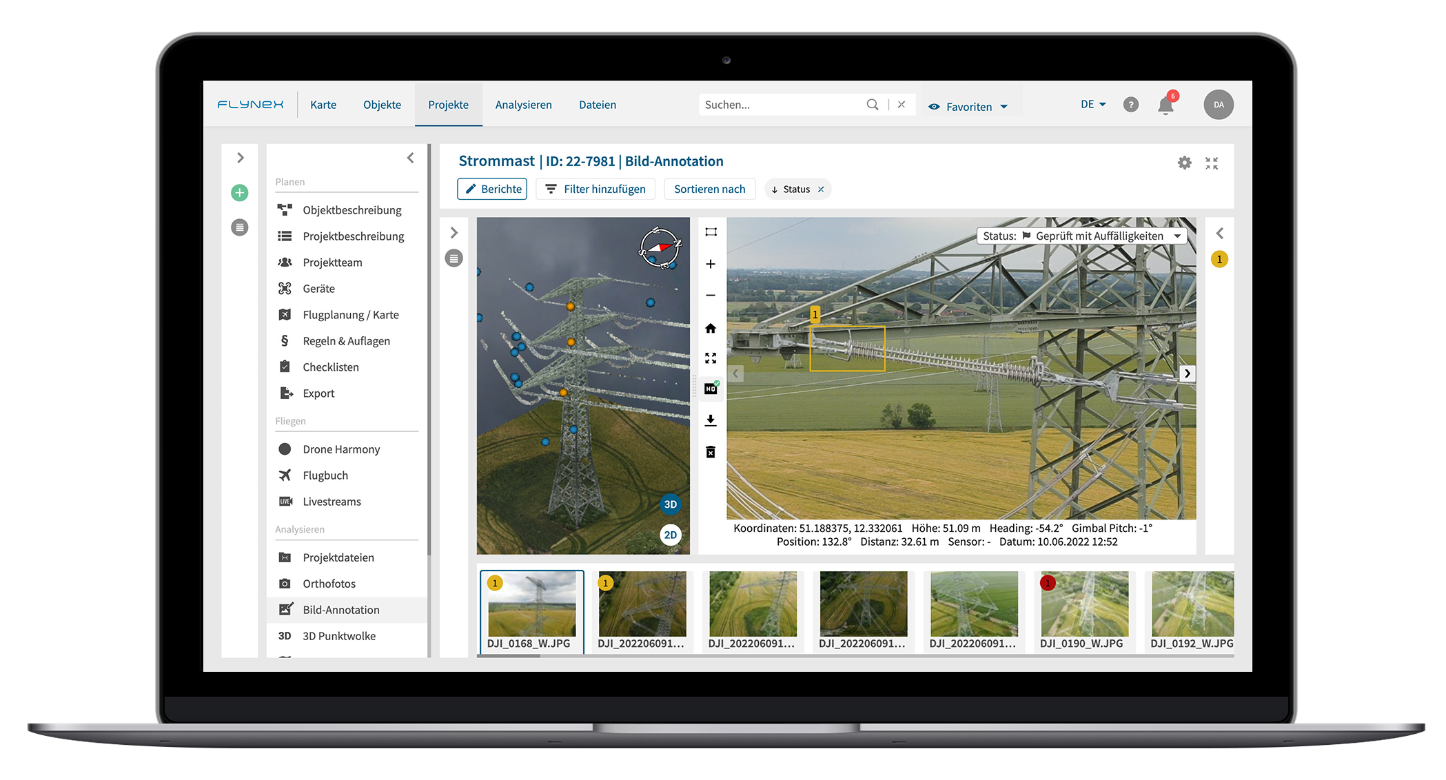 Laptop_Strommast_Bildannotation-e1670589596344 Die FlyNex Vision AI wurde individuell mit Projektdaten trainiert, um potenzielle Neststandorte in Echtzeit zu identifizieren.