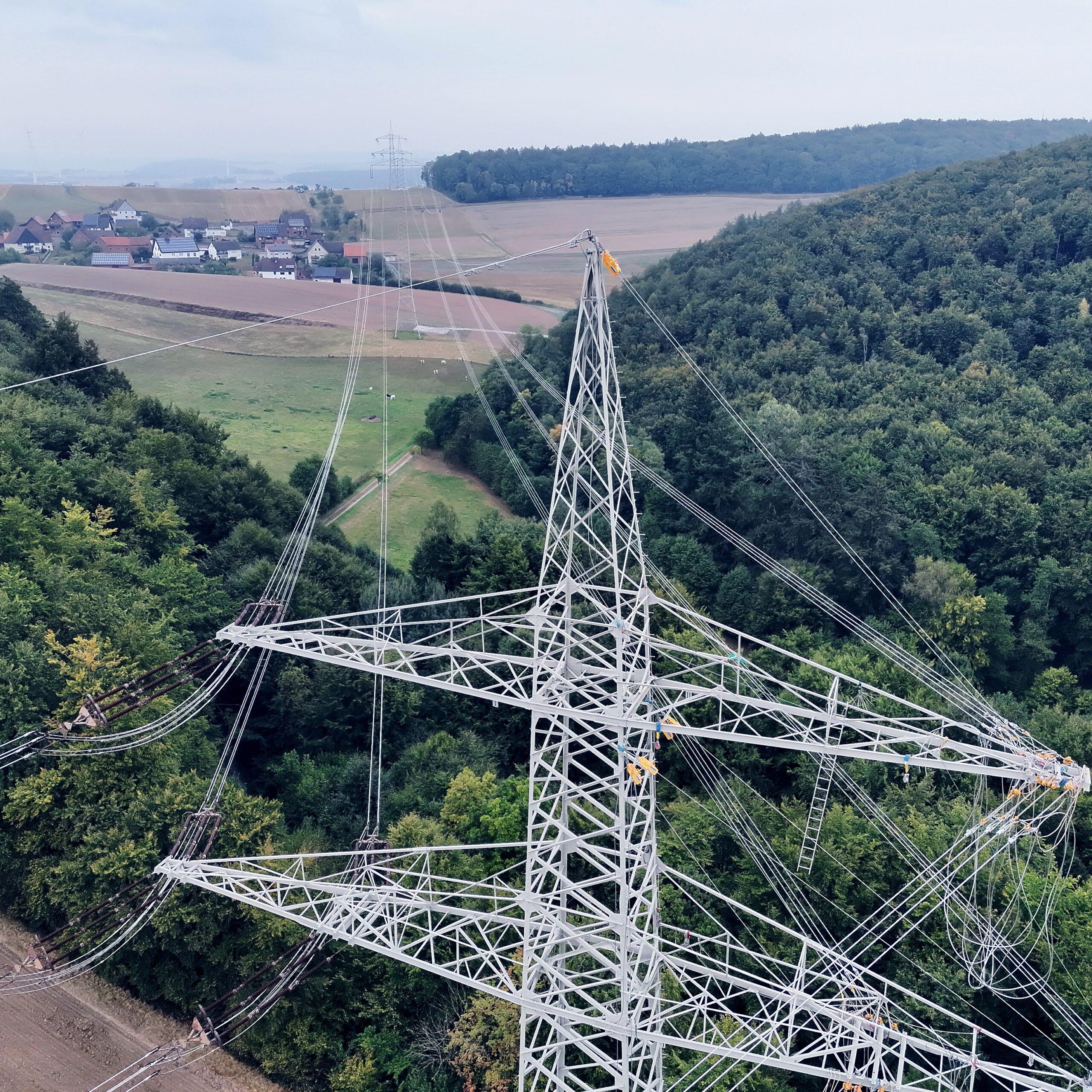140 Strommasten entlang einer 60 Kilometer langen 380-kV-Trasse im Weserbergland werden alle zwei Tage automatisiert per Drohne auf Vogelnester geprüfter